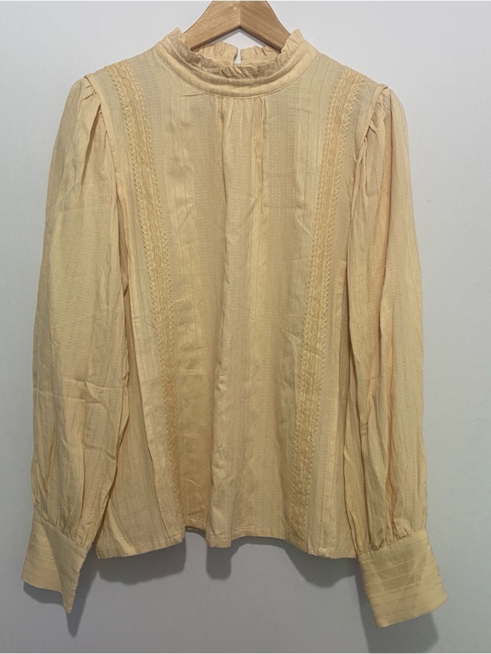 FRNCH Paris Lace Trim Blouse L Cream Victorian High Neck Long Sleeve Boho